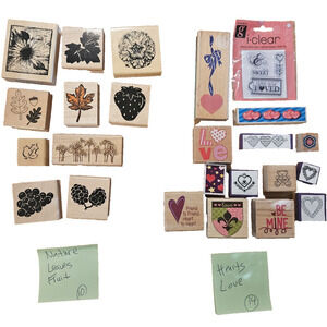 LOT OF 24 Rubber Stamps Wood Mounted - Hearts LOVE Nature Leaves Fruit